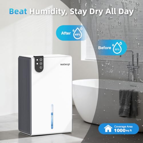 Image of 98 OZ Small Dehumidifier for Home 1000 Sq Ft, Quiet Dehumidifier with Drain Hose, Auto Shut-Off, Sleep Mode, 7-Color Light for Basement, Bedroom, Bathroom, Closet, RV (White)