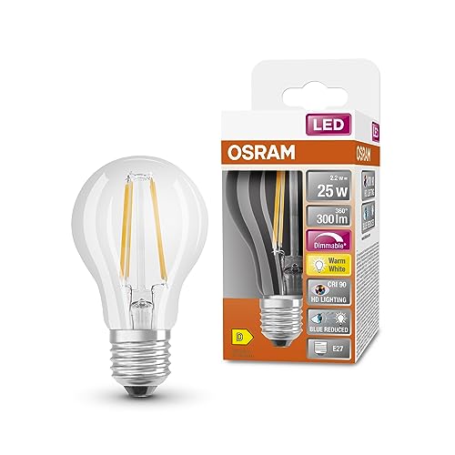 Osram SUPERSTAR+ CLASSIC A FIL 25 LED-Lampe, E27, Kolbenform, 2,2W, 300lm, 2700K, warmweißes Licht, stark reduzierter Blauanteil, geringere Augenbelastung, dimmbar, geringer Energieverbrauch