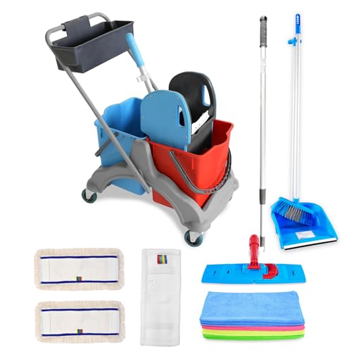 Hypafol Reinigungswagen mit Korb Set 50 cm | 2 x 25 l Eimer mit Wischmopp-Presse und Kehrgarnitur | inkl. 2X 50cm Baumwoll Mopp 1x Mikrofaser-Mopp | je 3 Mikrofasertücher in rot gelb grün blau
