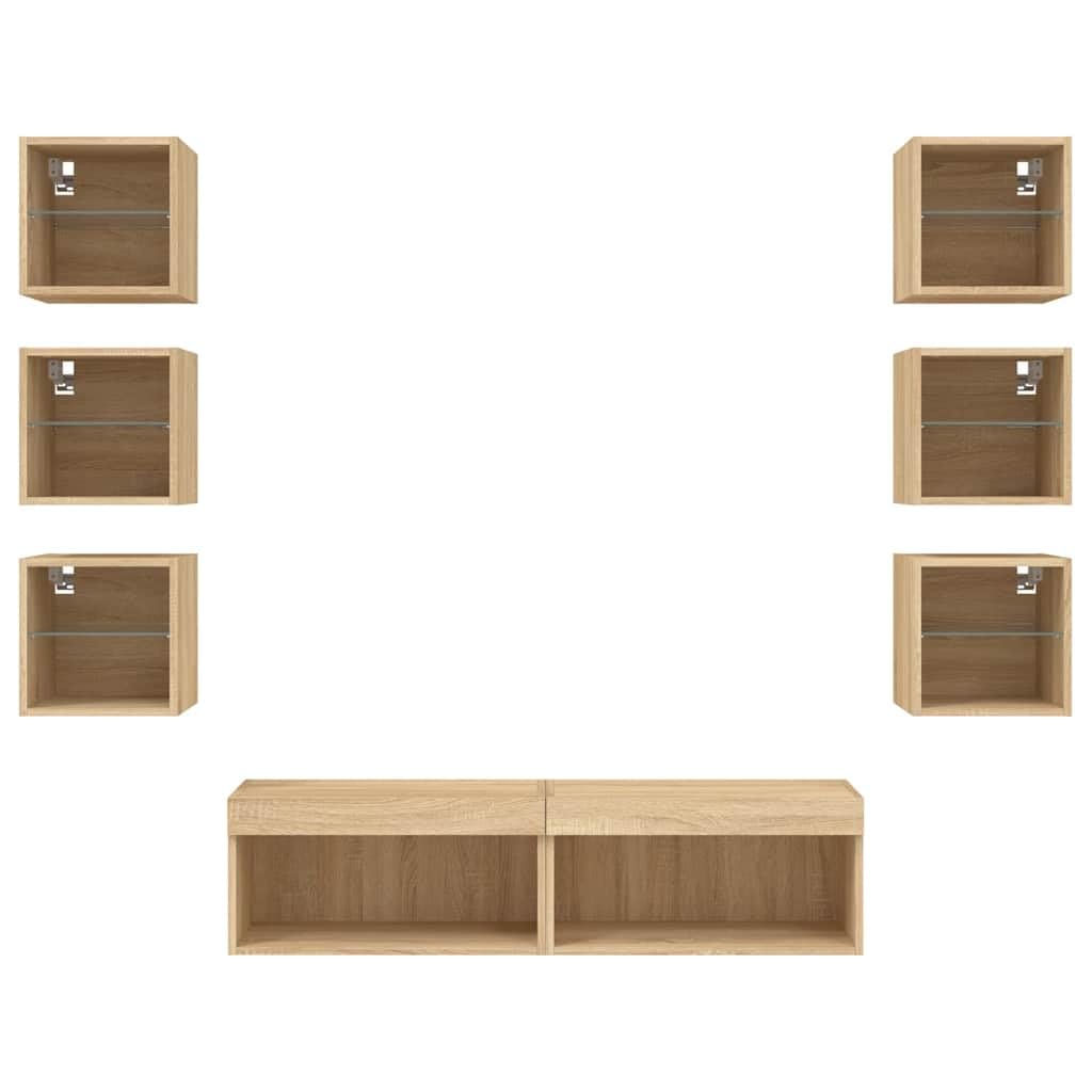 8-TLG. Wohnwand Sonoma Roble Holzwerkstoff, Wandmontage RGB-LED-Beleuchtung Stauraum für Wohnzimmer, Medien & Bücher 30x28,5x30cm, Feuchtigkeitsbeständig