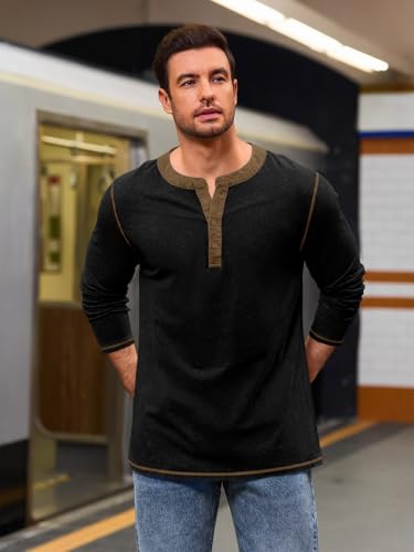 Yousify Mens Henley Shirt Long Sleeve Casual Cotton Basic T Shirts Button Washed Retro Lightweight Tee Tops2