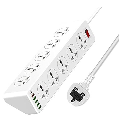 HOVCEH Extension Lead USB Slots, 10 Way Power Strip USB C Port, Plug Extension with USB Surge Protection, Extension Cord with 6 USB Ports (4 USB A + 1 Type-C + 1 QC 3.0) Cover