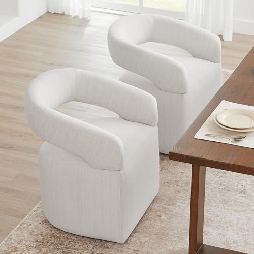 Image of KISLOT Upholstered Dining Chairs with Casters, Modern Barrel Side Armchair with Rollers for Dining Room, Bedroom, Kitchen, Reading Room, Linen Fabric, Set of 2
