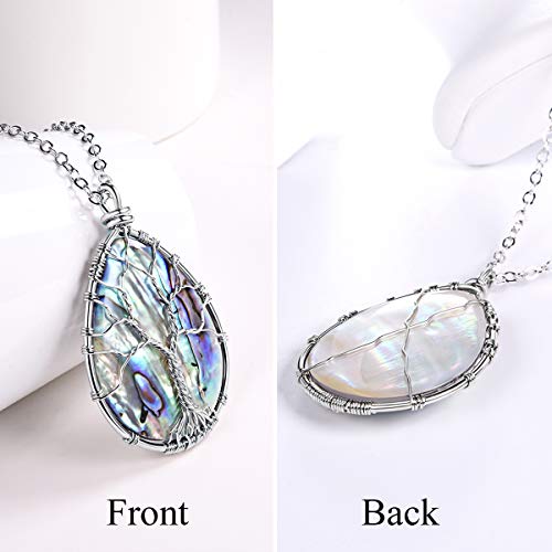 FOCALOOK Stainless Steel Wire Wrapped Tree of Life Abalone Necklaces Handmade Costume Jewelry Long Necklaces for Women (Send Gift Box)4