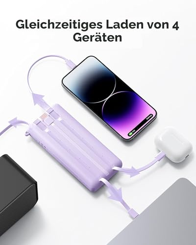 VRURC Powerbank 22.5W Schnelles Aufladen, 20000mAh Power Bank mit Kabel Tragbares Ladegerät USB C LED Display Externer Handyakkus Smartphone Kompatibel mit iPhone, Huawei, Samsung usw - Lila 3