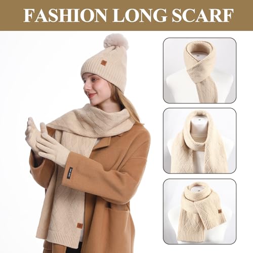 Womens Winter Beanie Scarf Gloves Set, Pom Pom Hat with Warm Fleece Lined Long Knit Scarf Touchscreen Gloves for Cold Weather4