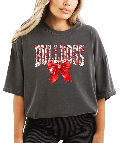 Trendy Bulldogs Red Bow Shirt for Women and Teens Floral Sports Tee