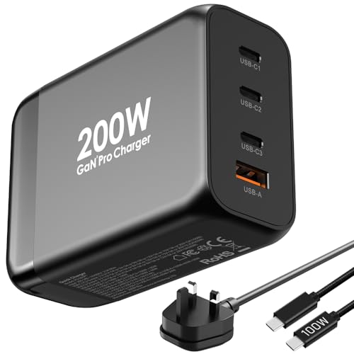 200W USB C Fast GaN Charger, 4 in 1 Type-C Charger for Fast Charging, 100W + 100W PD Quick Charger for MacBook Pro/Air Laptop iPad iPhone 15/14/13 Pro Max