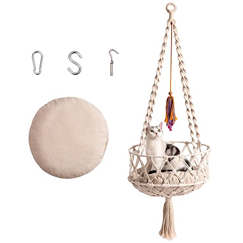 Hanging Macrame Cat Hammock Bed, Cat Swing Bed Space Saving Window Perch With Washed Cotton Mat & Funny Cat Toy For Indoor Cats #TOP3