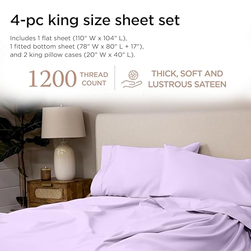 Image of Threadmill 1200 Thread Count Supima Cotton King Sheet Set, Sateen, Lilac | 100% Supima Cotton, Sateen Weave, 4-Piece Set, 17 inch Deep Pocket, All-Around Elastic, Fade-Resistant, Hotel Quality