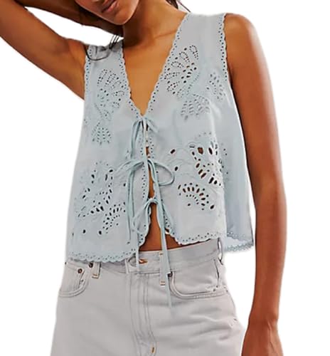 Image of FP Tie Front Vest Y2k Eyelet Embroidery Hollow Out Tank Crop Top Sleeveless Going Out Vest Streetwear(Blue,Medium)