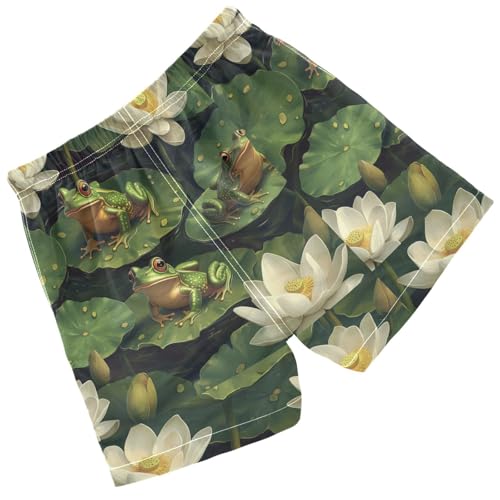 Pigsaly Boys' Swim Board Shorts White Lotus Flowers Watercolor Green Frogs Boy's Swim Trunks Kids Swimwear XS2