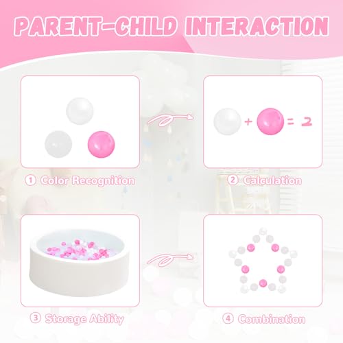 EOSAU 100 Ball Pit Balls for Toddlers, Phthalate & BPA Free Plastic Balls, Crush Proof 2.16\" Colorful Balls for Ball Pit Play Toys for Kids with Storage Bag (Pink, White, Clear) - Thumbnail 5