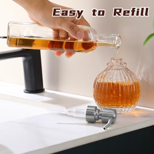 Image of Round Bathroom Soap Dispenser Brushed Nickel Pump, Glass Bottle with Stainless Steel Pump Liquid Soap Dispenser Sphere Countertop Hand Kitchen