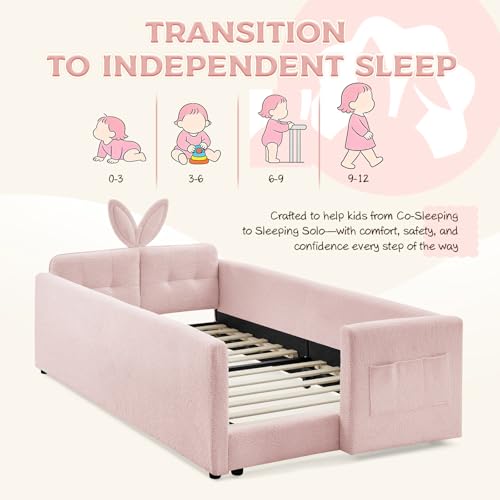 Image of Twin Size Bed Frame for Kids, 83 inch Upholstered Daybed Montessori Platform Floor Bed W /Safety Rails & Storage Pocket Cute Rabbit Ear Shaped Headboard for Girls Boys, Pink