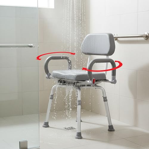 Platinum Health Revolution Pivoting Shower Chair for Bathtub, Adjustable Swivel Seat with Padded Back and Arms, Adjustable Space Saving Design for Tubs, Shower, for Elderly, Handicap & Seniors, Gray