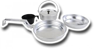 Camping Cookware - Set of 4 - Aluminum - Interlocking Pieces for Easy Travel - Including Frying Pan, BBQ Pan, Pot, and Plastic Cup