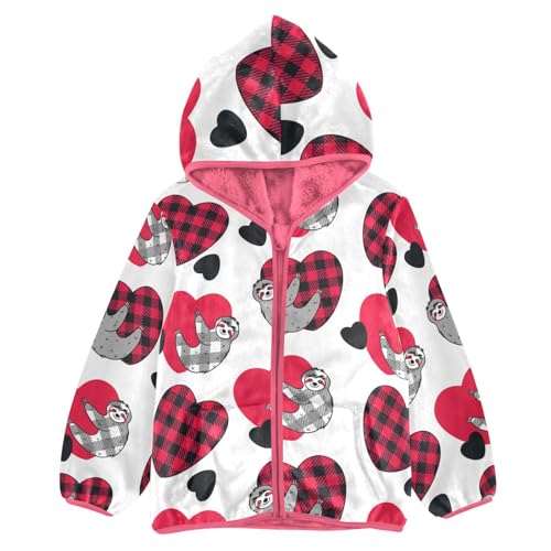 OTVEE Valentine Plaid Heart Sloth Kids Hoodie Jacket Fall Spring Full Zip Warm Outwear Coat