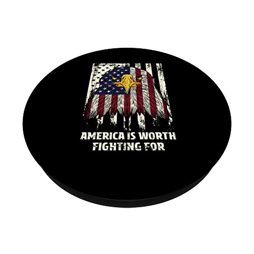 America is Worth Fighting for Patriotic Proud Patriotism PopSockets Swappable PopGrip, Black - Image 2