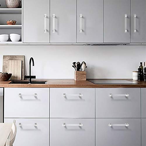 Nizado 5 Pack |5'' Cabinet Pull Clear Acrylic Drawer Handle Polished Chrome,Modern Square Dresser Pull Kitchen Lucite Hardware Crystal T Bar Style #TOP1