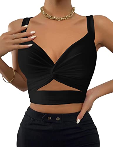 Meladyan Women Slim Fit Ruched Crisscross Deep V Neck Bandage Cropped Vest Solid Lace Up Sleeveless Crop Tank Tops Black