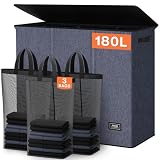 SOLEDI 180L 3-Section Laundry Hamper with Lid, Extra Large Dirty Clothes Basket with Sturdy Handles for Laundry Room & Bedroom - Durable Organizer for Sorting Laundry