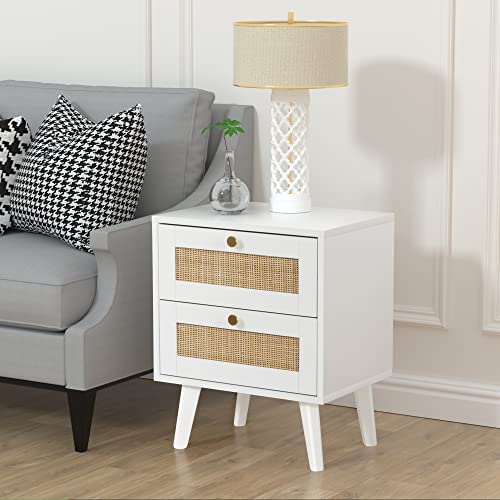 Giluta Rattan Nightstand with 2 Drawers, Solid Wood Bedside Table, Boho Night Stand, Easy Assembly Mid-Century Side Table for Living Room, Bedroom (White/Gold) - Image 3