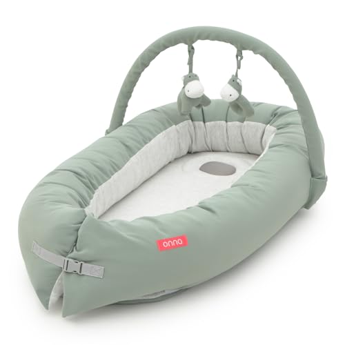 ONNA | Nido Aura para Bebés de 0 a 6 Meses | Con Arco de Juegos | Reposacabezas Transpirable Antiplagiocefalia | Evolutivo y Desmontable | Interior de algodón (Sage Green)