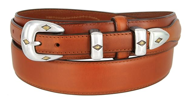 Image of Silver Mirror Buckle Oil Tanned Genuine Leather Western Ranger Belt 1-3 /8 inch(35mm) Taper to 3 /4 inch(19mm) Wide-Multiple choices
