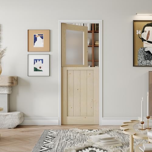 SOLRIG 30' x 80' Pantry Doors, Half Frosted Glass Split Single Interior Dutch Door Slab, Modern Style Farmhouse Closet Doors, Natural Pine Wood(Hinges Not Include)