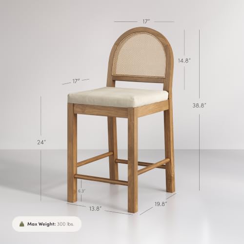 Image of Nathan James Bailey Boucle Upholstered Rattan Bar Stool, Counter Height Stool with Natural Rattan Woven Back For Kitchen Island, Light Brown, Set of 4