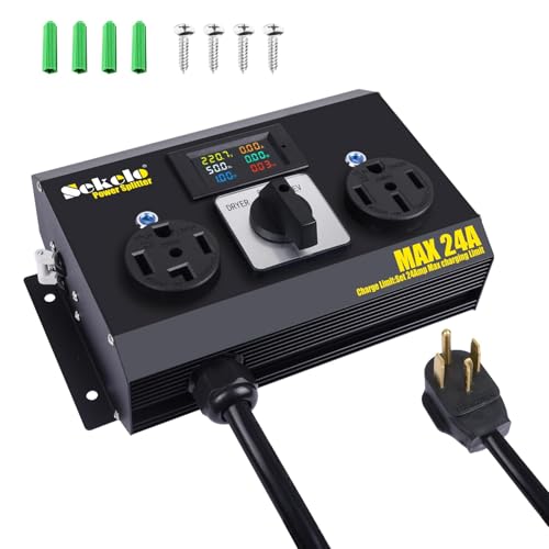 Manual EV Charging Switch for Dryer & EV Aluminum Housing NEMA 14-30P to 14-30R & 14-50R 240V 24A Max Power Splitter Hydraulic Safety Breaker Hand-Operated Selector Plug and Play