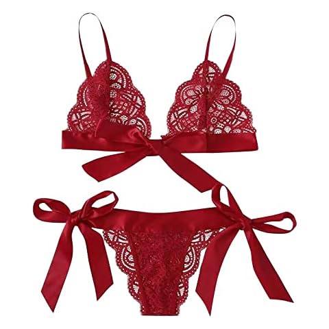Sexy Lingerie Set for Women Lace Bow Tie Brassiere and Strappy Panty Elegant Charming Sexy Naughty Babydoll Lingerie (Red, XXL) Cover
