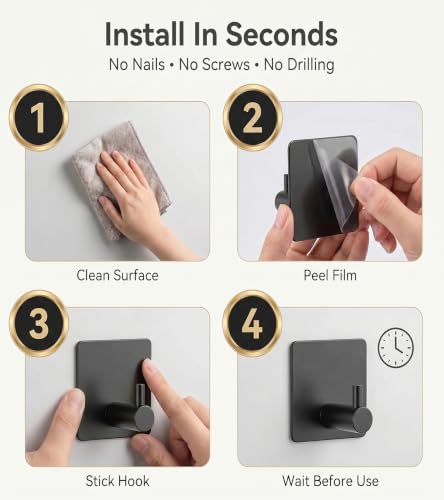 Image of Enclave Heavy Duty Adhesive Hooks, Stick on Wall Adhesive Hangers, Strong Stainless Steel Holder, Self Adhesive Hooks for Kitchen Bathroom Home Door Towel Coat Key Robe. (Cube RND Black, Pack of 4)
