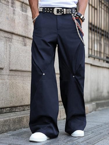 ZAFUL Mens Casual Pants Button Street Solid Color Wide Leg Patchwork Rivet Loose Fit Work Trousers3