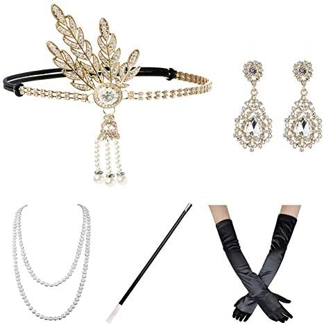 Xuhan 1920s Flapper Costume Accessories Set for Women Headband Earrings Necklace Holder Gloves (a00)