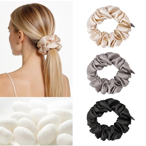 Image of THXSILK 100% Mulberry Silk Chunky Scrunchies 3-Pack, 25 Momme Thick Voluminous No Damage Hair Ties for Women, Medium Ponytail Holders for All Hair Types(Beige, Grey, Black)