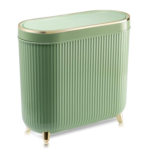 Image of Supteron Bathroom Trash Can with Lid 3.2 Gallon Narrow Trash Can Small Plastic Trash Bin 12 Liter with Press Type Lid for Bedroom Bathroom, Mint Green