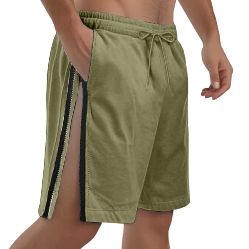 Men's Summer Fashion Baggy Beach Side Zipper Shorts Casual Solid Five Shorts (Green, L)