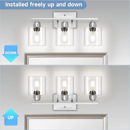 Image of Modern Brushed Nickel 3 Light Bathroom Light Fixtures,19 inch Vanity Lights For Bathroom With Clear Glass, Bathroom Lighting Fixtures Over Mirror For Mirror Kitchen Living Room Hallway Cabinet Porch