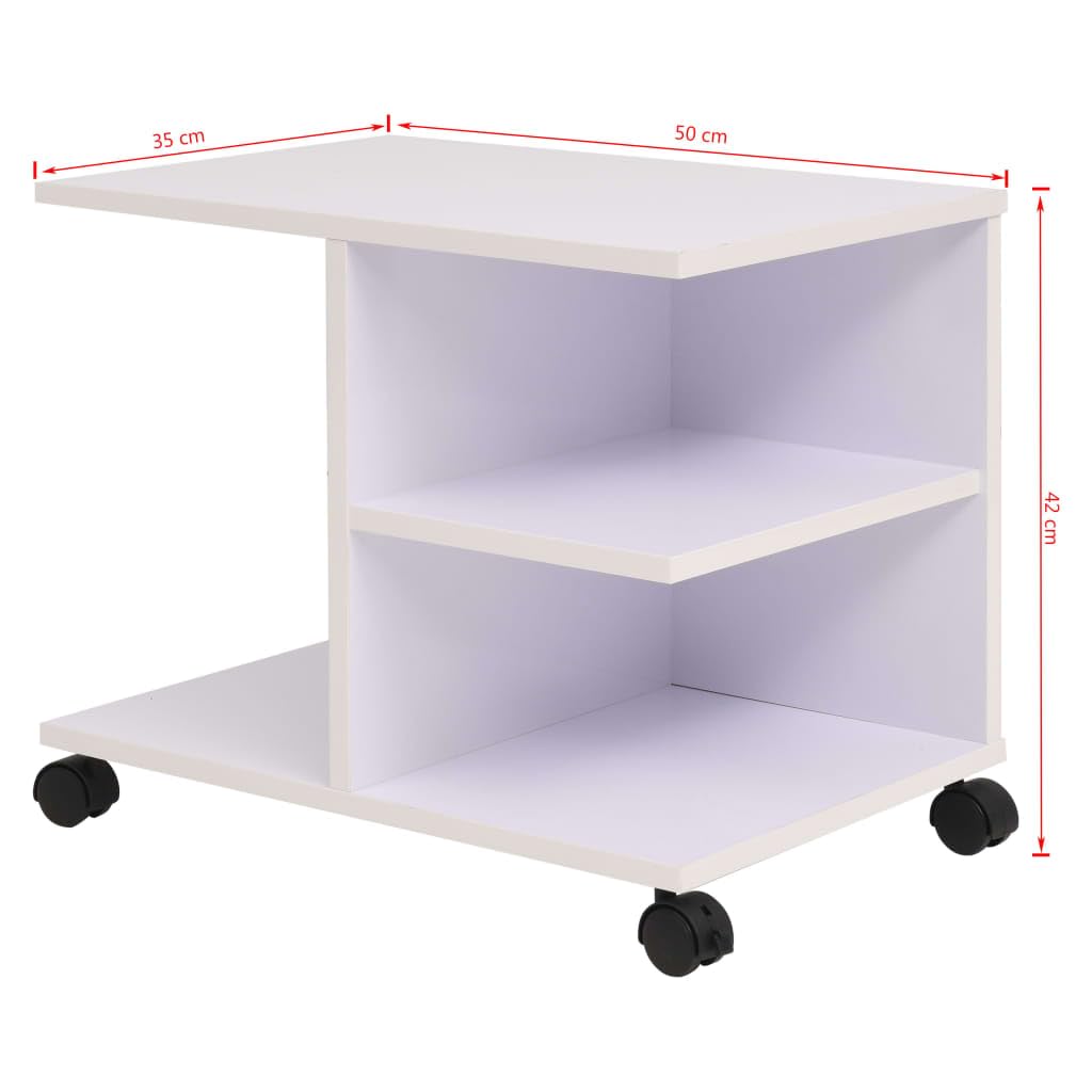 Beistelltisch mit Rollen 50x35x42 cm, Rollwagen für Büro und Wohnzimmer, kompakter Couchtisch mit Ablagefächern, moderner Ablagetisch aus Holzwerkstoff, Weiß