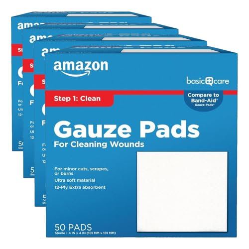 Amazon Basic Care Gauze Pads, 4x4 inches, Sterile, 50 Count | Pack of 4 | For Minor Injuries | Previously All Health