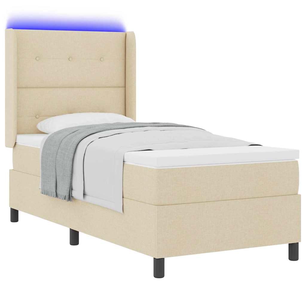 Tkaninowe drewniane z LED nowoczesne Kremowy 100x200 cm | Łóżko z LED i materacem 100x200 cm tkanina Kremowy z regulowanym zagłówkiem