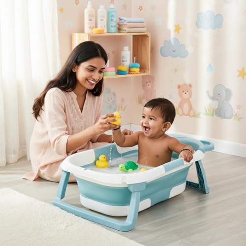 Image of Amazon Brand - Supples Baby Bath Tub for 0-3 Years | Double Foldable Bathtub for Baby & Kids with Soap Tray, Space Saving Design (White & Teal Blue)