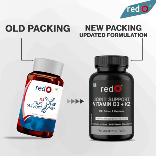 Image of redO Joint Support With K2 Tablets for Men and Women | Vegetarian Calcium 500 mg & Vitamin D3 600 IU | Bone Health, Muscle Strength & Joint Supplement | Pack of 30
