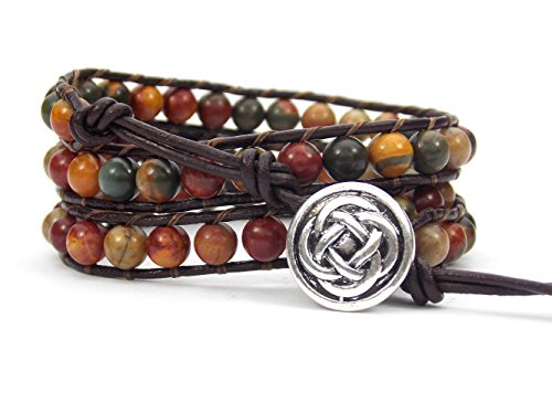 Carolyn Jane's Celtic Knot Bracelet Leather Picasso Jasper Beaded Wrap (Silver Plated Button)