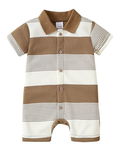 DEFAHN Baby Boy Polo Striped Romper Short Sleeve Solid Bodysuit Jumpsuit Collared Infant One-Piece Outfit