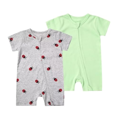 Image of Teach Leanbh Unisex Baby 2 Pack Pajamas Cotton Short Sleeve 2 Way Zipper Printing Soild Romper Jumpsuit Sleep and Play