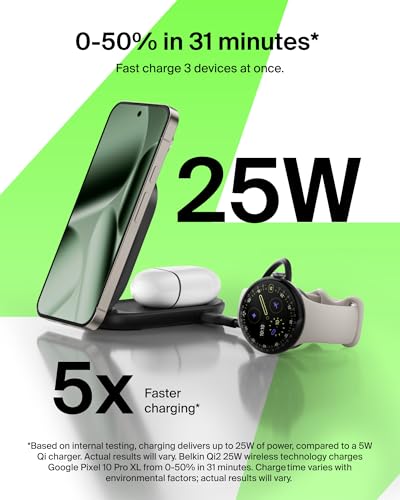 Image of Belkin MagSafe Charger, Compatible 2-in-1 Charging Station, Qi2.2 25W Magnetic Wireless Charger iPhone, Foldable Stand, with 5W USB-C Port, for iPhone 17 /16 /15, Pixel 10, AirPods, 45W Adapter Included
