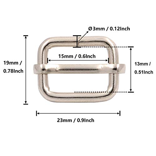 BIKICOCO Metal Slide Adjuster Buckle Tri-Glides with Movable Center Bar, for Straps, 0.6 x 0.51 Inch, Silver, Pack of 50